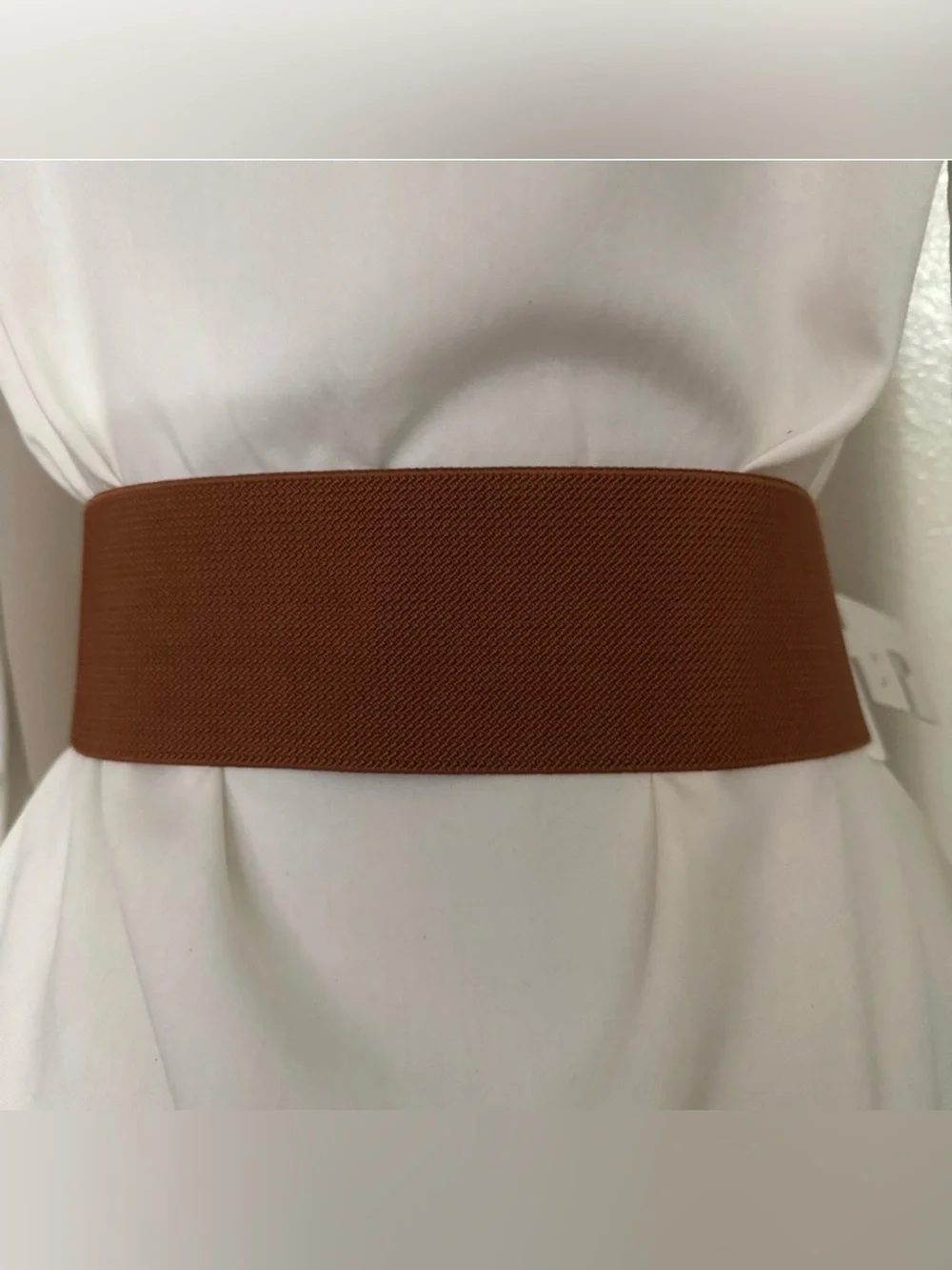 Brown PU leather elastic waistband belt with gold tone buckle